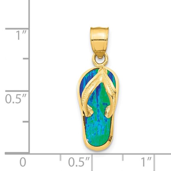 14k Yellow Gold and Created Blue Opal Flip Flop Pendant, 8 x 25mm - Picture 4 of 5